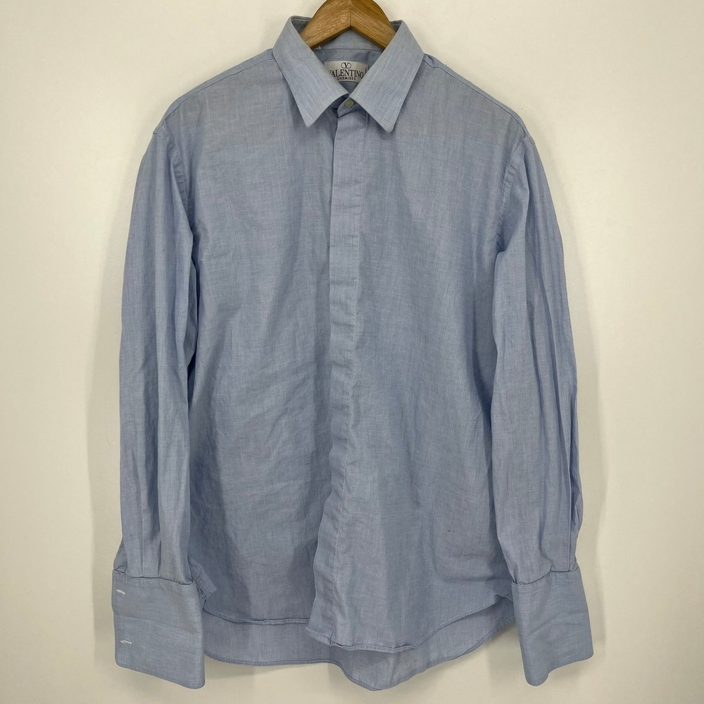 Valentino Chemises Mens Light Blue French Cuff Linen Blend Dress Shirt 17 43